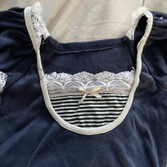 Hnewly Kawaii Bow Lace Trim T-Shirt Vintage Striped Patchwork Slim Fit Crop Top Y2K Aesthetic Fairy