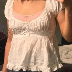 Hnewly Kawaii Grunge Lace Crop Top Y2K Aesthetic Fairy Vintage Square Collar Short Sleeve Miklmaid