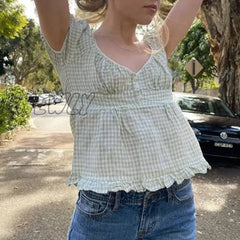 Hnewly Kawaii Grunge Lace Crop Top Y2K Aesthetic Fairy Vintage Square Collar Short Sleeve Miklmaid