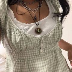 Hnewly Kawaii Grunge Lace Crop Top Y2K Aesthetic Fairy Vintage Square Collar Short Sleeve Miklmaid