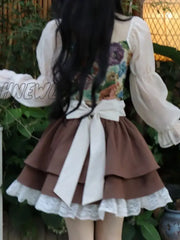 Hnewly Kawaii Lolita Skirt Women Autumn Winter Vintage High Waist A-Line Lace Patchwork Bow