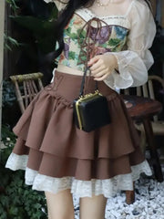 Hnewly Kawaii Lolita Skirt Women Autumn Winter Vintage High Waist A-Line Lace Patchwork Bow