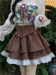 Hnewly Kawaii Lolita Skirt Women Autumn Winter Vintage High Waist A-Line Lace Patchwork Bow