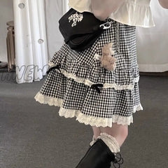 Hnewly Kawaii Plaid Skirt Women Ruffle Lace Patchwork Bow High Waist Lolita Harajuku Egirl