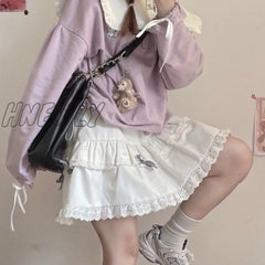 Hnewly Kawaii Plaid Skirt Women Ruffle Lace Patchwork Bow High Waist Lolita Harajuku Egirl