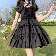 Hnewly Kawaii Puff Short Sleeve Lolita Style Dress Women Sweet Bow Lace Ruffle Bandage Mini Dresses