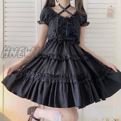 Hnewly Kawaii Puff Short Sleeve Lolita Style Dress Women Sweet Bow Lace Ruffle Bandage Mini Dresses