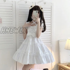 Hnewly Kawaii Puff Short Sleeve Lolita Style Dress Women Sweet Bow Lace Ruffle Bandage Mini Dresses