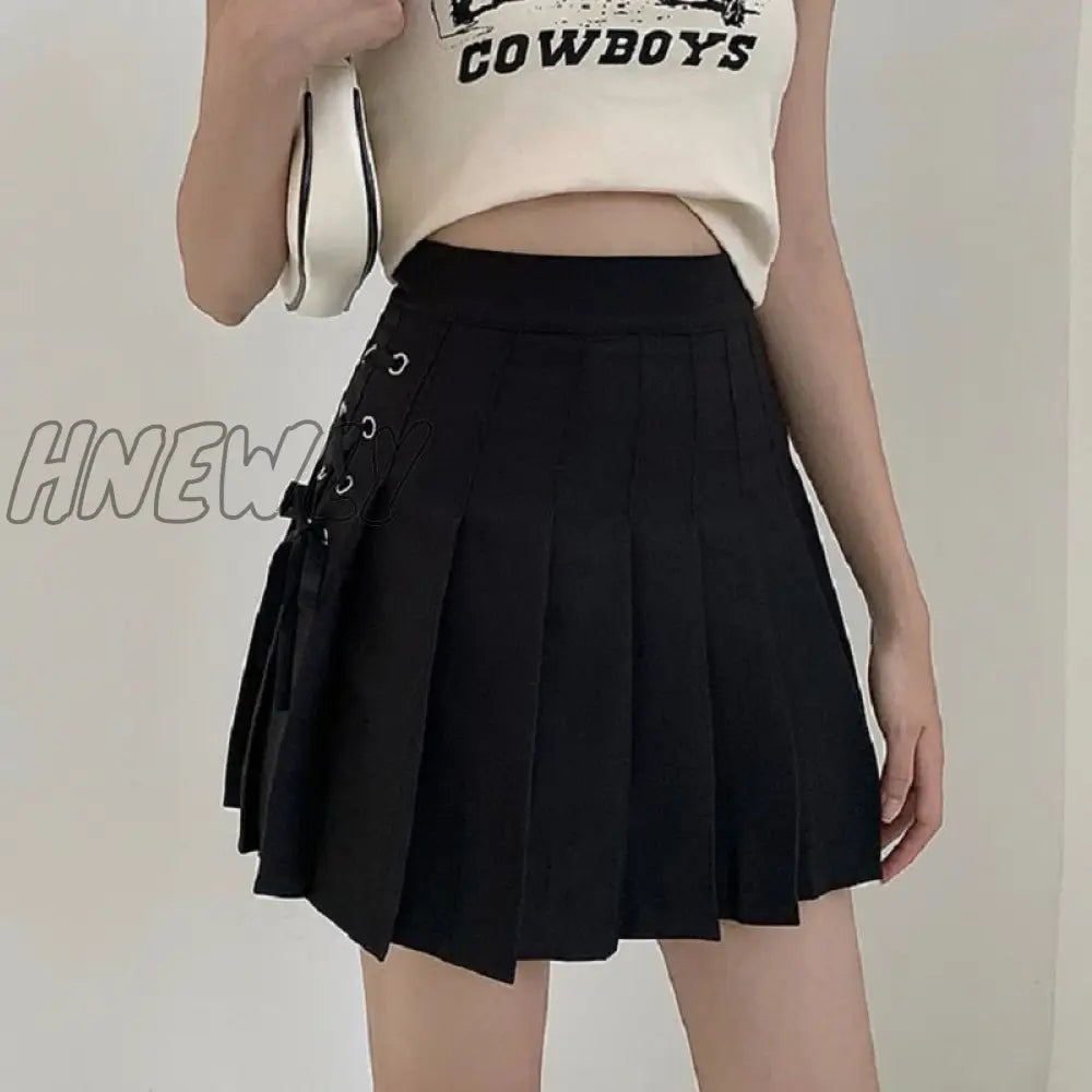 Hnewly Kawaii Sexy Pleated Skirt Women Cute Lace-Up A-Line Mini High-Waisted Harajuku Summer Korean