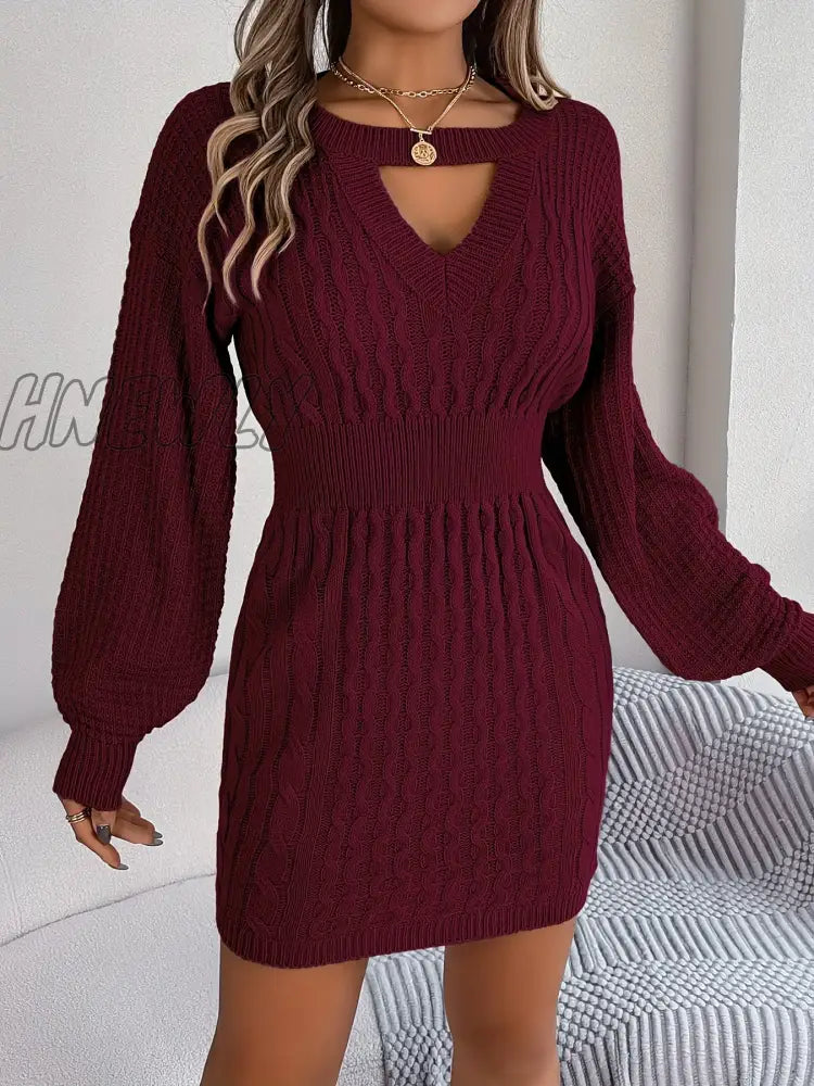 Hnewly Keyhole Cable Knit Sweater Dress Casual Long Sleeve Bodycon Women’s Clothing