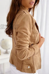 Hnewly - Khaki Casual Street Solid Zipper Turndown Collar Outerwear Coats Blazer & Jacket