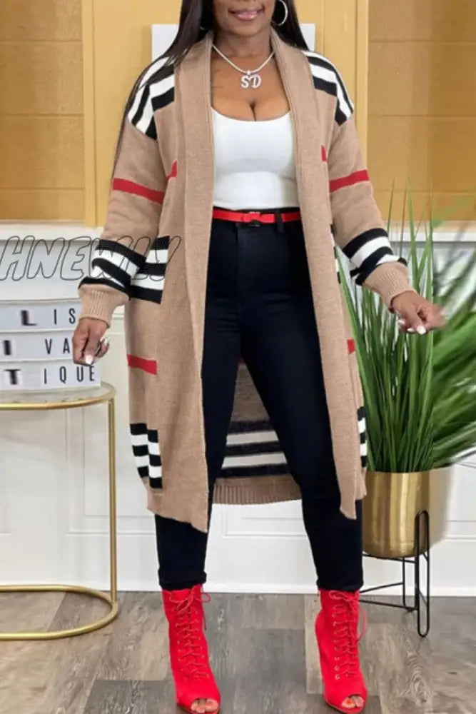 Hnewly - Khaki Casual Striped Cardigan Collar Outerwear Coats