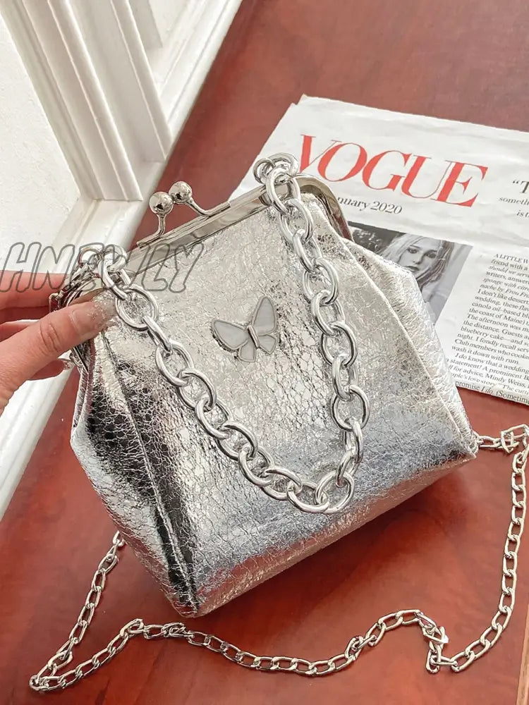 Hnewly - Kiss Lock Chain Satchel Bag Women Satchels Silver Women-Satchels