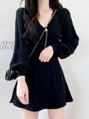 Hnewly Knit Knitted Sweater Mini Dress Women Casual Lantern Sleeve Short Dresses 2024 Autumn Winter