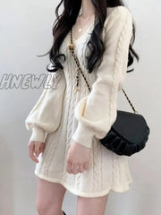 Hnewly Knit Knitted Sweater Mini Dress Women Casual Lantern Sleeve Short Dresses 2024 Autumn Winter