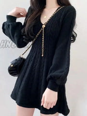 Hnewly Knit Knitted Sweater Mini Dress Women Casual Lantern Sleeve Short Dresses 2024 Autumn Winter