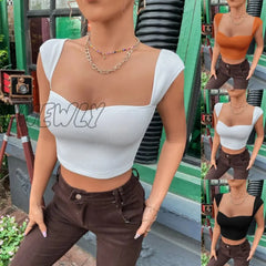 Hnewly Knit Sweater Top White Women Crop Slim Square Neck Sleeveless T-Shirt Vest Sweetheart Rib Tee