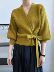 Hnewly Knitted Cardigan Women Sweater V-Neck Lace-Up Irregular Clothes Fashion Autumn Winter 2024