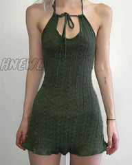Hnewly Knitted Fairy Grunge Green Folds Mini Dresses Gothic Retro Backless A-Line Women Dress Sexy