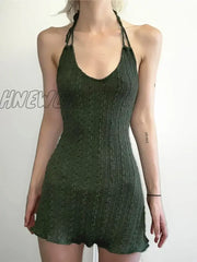Hnewly Knitted Fairy Grunge Green Folds Mini Dresses Gothic Retro Backless A-Line Women Dress Sexy