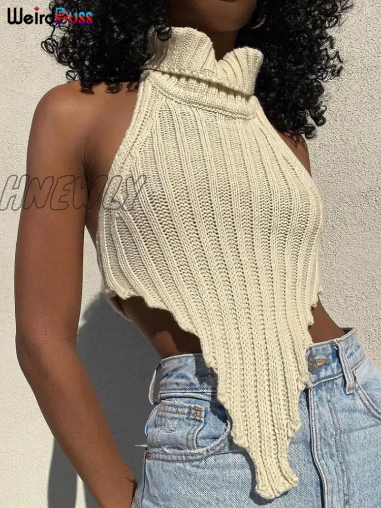 Hnewly Knitted Halter Sleeveless Tank Top Sexy Turtleneck Skinny Elastic Wild Elegant Basic