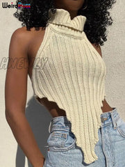 Hnewly Knitted Halter Sleeveless Tank Top Sexy Turtleneck Skinny Elastic Wild Elegant Basic
