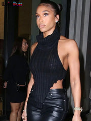 Hnewly Knitted Halter Sleeveless Tank Top Sexy Turtleneck Skinny Elastic Wild Elegant Basic