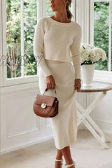 Hnewly - Knitted Solid Color Sweater Skirt Suit S / White Dresses