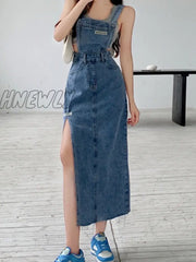 Hnewly Korea Fashion Suspender Skirt Women’s Vintage Slim Long Denim Skirts Sexy Blue Midi