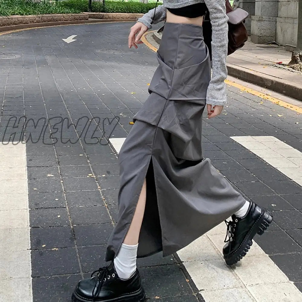 Hnewly Korean Chic Pleated Casual Cargo Skirt Women Spring New Streetwear Fashion Split Solid Color