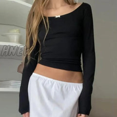 Hnewly Korean Cute Bow Off Shoulder Crop Tops Y2K Fairycore Vintage Clothes 2000S Retro Aesthetic