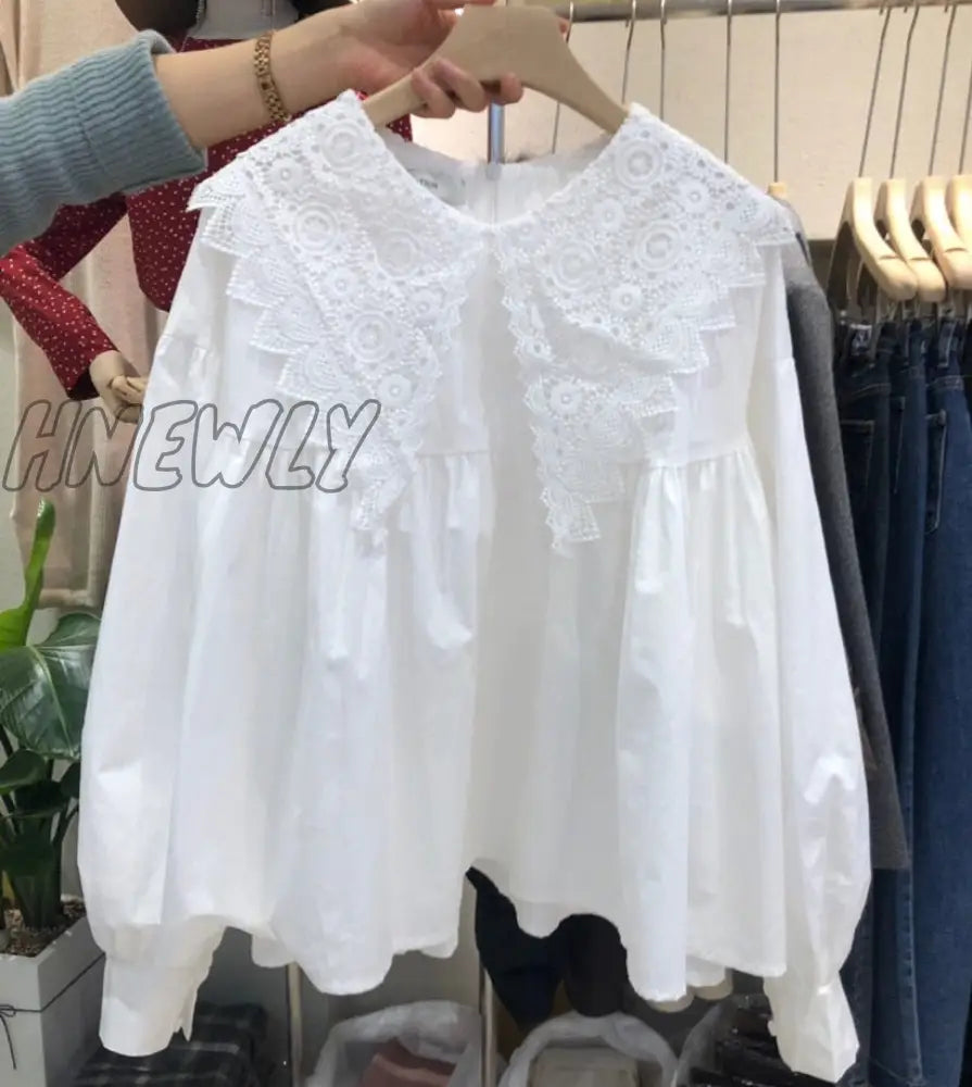 Hnewly Korean Elegant Lace Patchwork Blouse Women Peter Pan Collar Pullover Long Sleeve Cute Blusas