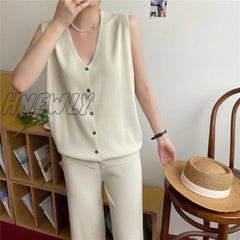 Hnewly Korean Fashion Casual Knitted Two Piece Set Women Loose Pullover Sweater Tops + Wide Leg