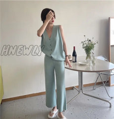 Hnewly Korean Fashion Casual Knitted Two Piece Set Women Loose Pullover Sweater Tops + Wide Leg