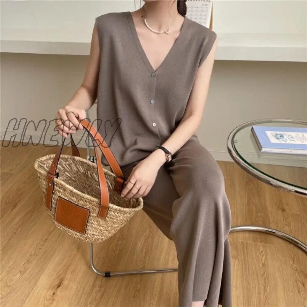 Hnewly Korean Fashion Casual Knitted Two Piece Set Women Loose Pullover Sweater Tops + Wide Leg