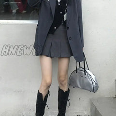 Hnewly Korean Fashion Gray Pleated Skirt Women Vintage Cute High Waist Sexy Mini Skirts Kawaii