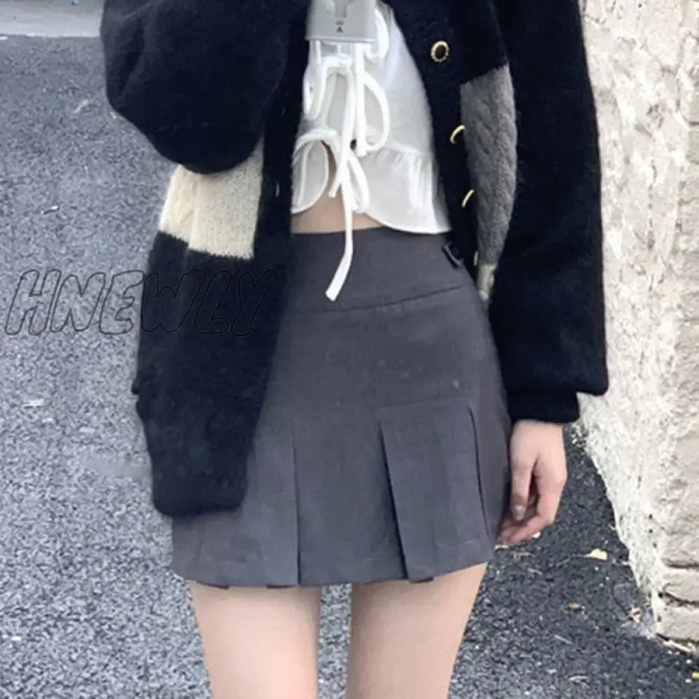 Hnewly Korean Fashion Gray Pleated Skirt Women Vintage Cute High Waist Sexy Mini Skirts Kawaii