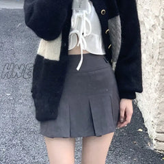 Hnewly Korean Fashion Gray Pleated Skirt Women Vintage Cute High Waist Sexy Mini Skirts Kawaii