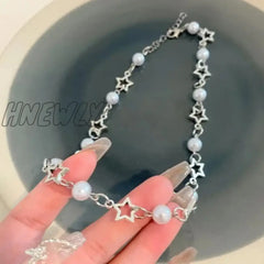 Hnewly Korean Fashion Hollow Star Pearl Choker Necklace For Women Sweet Aesthetic Charm Bracelets