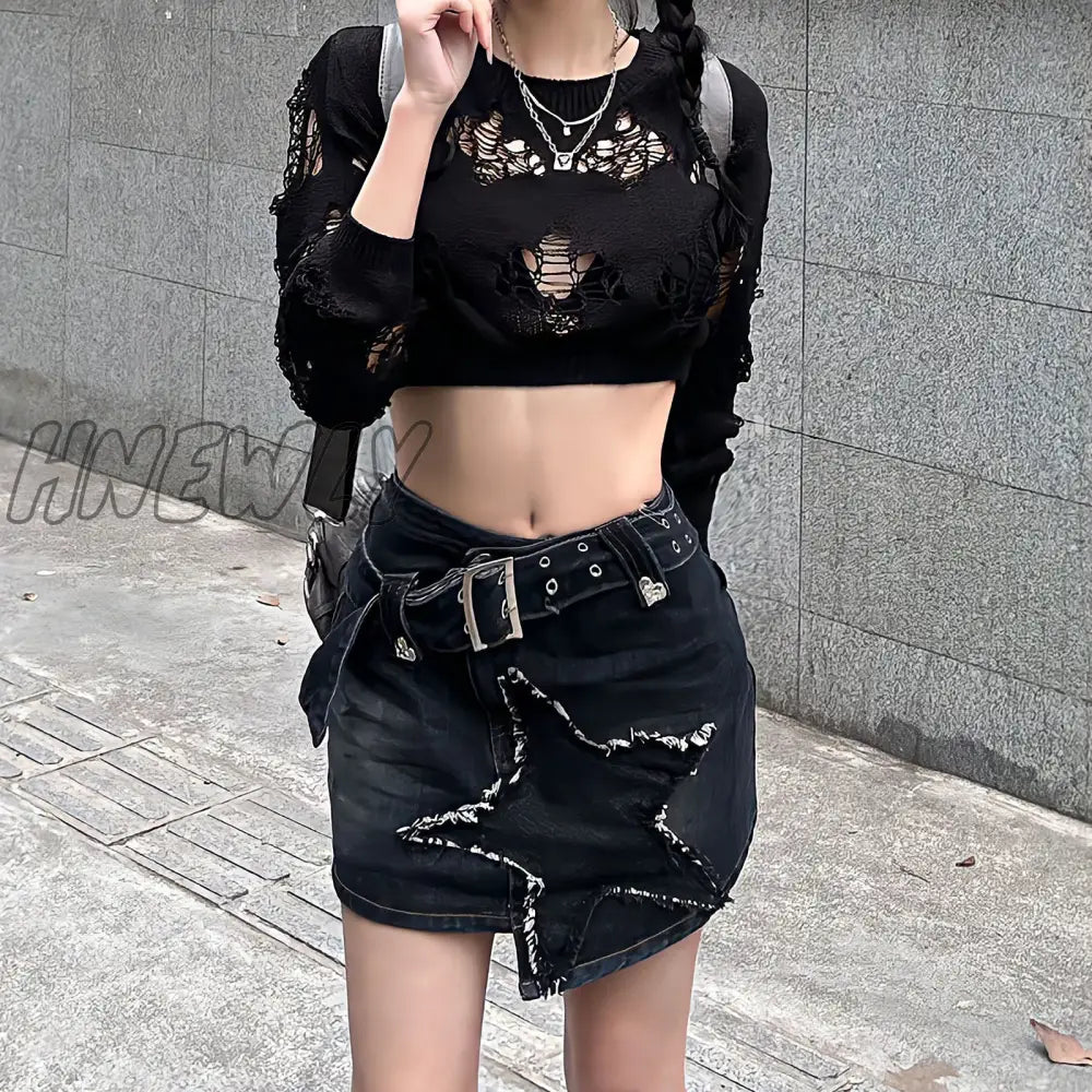 Hnewly Korean Fashion Irregular Star Denim Skirt Clothing Summer A-Line Hot Girl Y2K Vintage