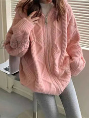 Hnewly Korean Fashion Knit Cardigan Women Autumn Winter Casual Loose Zipper Hooded Thick Sweater