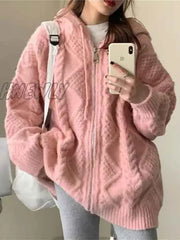 Hnewly Korean Fashion Knit Cardigan Women Autumn Winter Casual Loose Zipper Hooded Thick Sweater