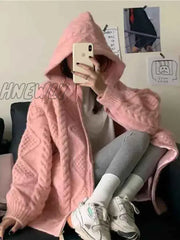 Hnewly Korean Fashion Knit Cardigan Women Autumn Winter Casual Loose Zipper Hooded Thick Sweater