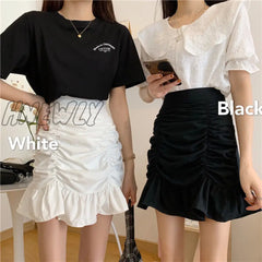 Hnewly Korean Fashion Mini Skirt Women Cute Sexy Elastic Waist A-Line Ruffles Patchwork Preppy