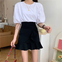 Hnewly Korean Fashion Mini Skirt Women Cute Sexy Elastic Waist A-Line Ruffles Patchwork Preppy