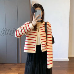 Hnewly Korean Fashion Sweater Cardigan White Black Striped Knitted Women Short Long Sleeve Female