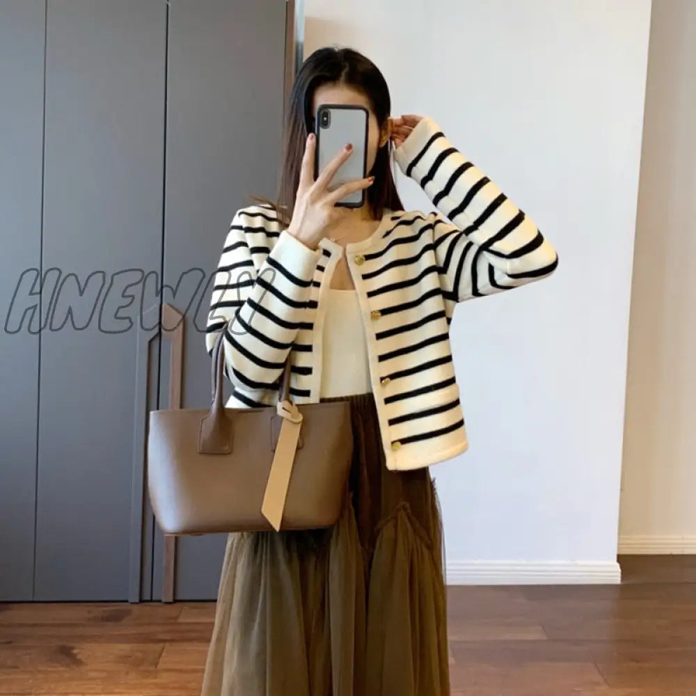 Hnewly Korean Fashion Sweater Cardigan White Black Striped Knitted Women Short Long Sleeve Female
