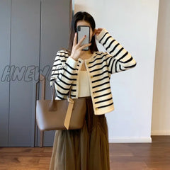 Hnewly Korean Fashion Sweater Cardigan White Black Striped Knitted Women Short Long Sleeve Female