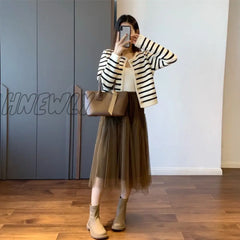 Hnewly Korean Fashion Sweater Cardigan White Black Striped Knitted Women Short Long Sleeve Female