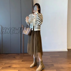 Hnewly Korean Fashion Sweater Cardigan White Black Striped Knitted Women Short Long Sleeve Female